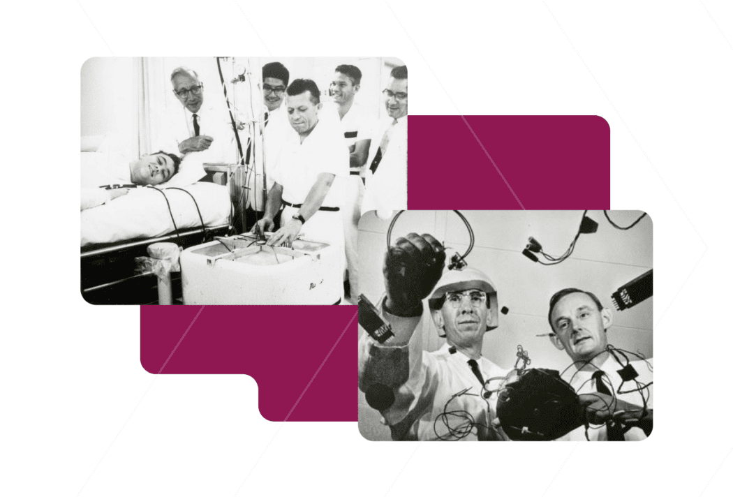 Black and white photos of early EEG and dialysis