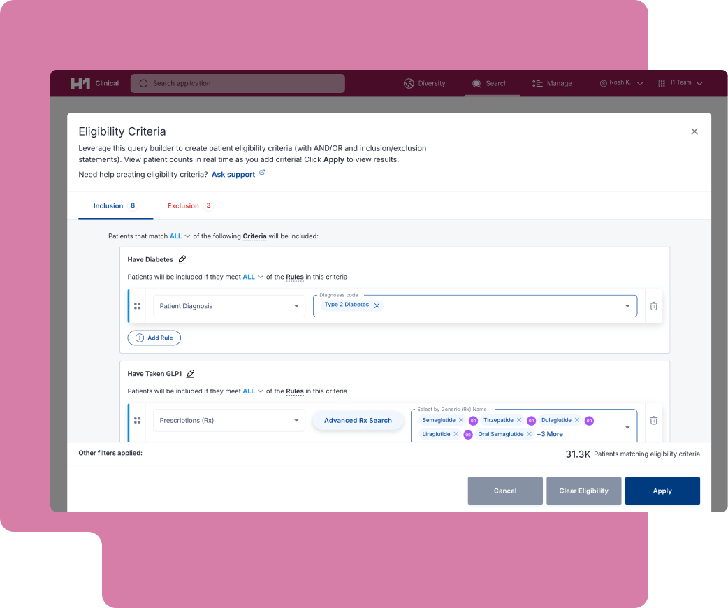 Screenshot of H1 Clinical eligibility criteria