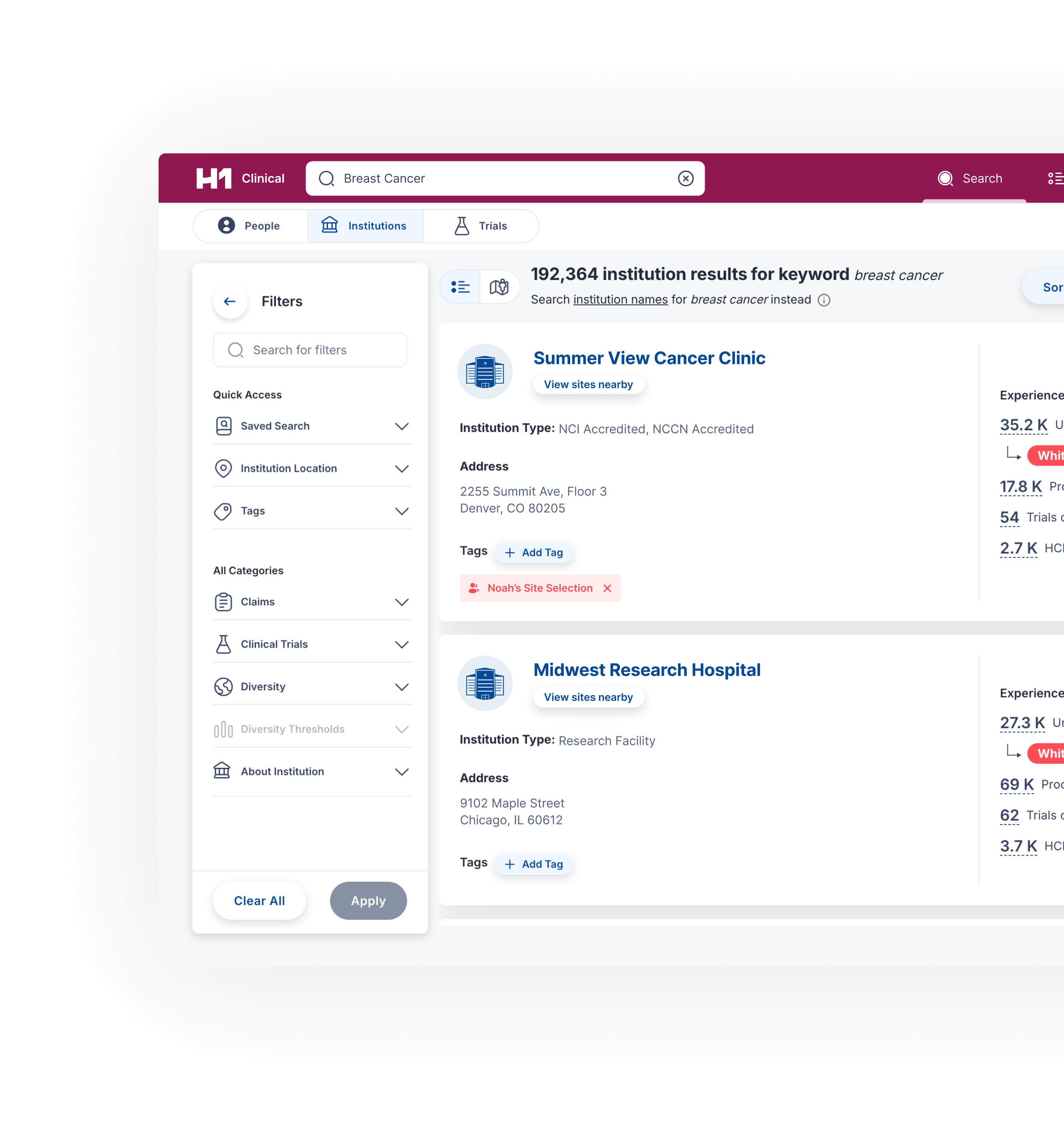 Screenshot of H1 Clinical institution search results