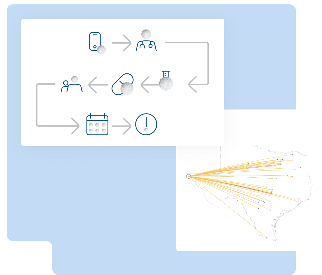 Screenshot of icons showing patient journey and Texas map with location points with plum background