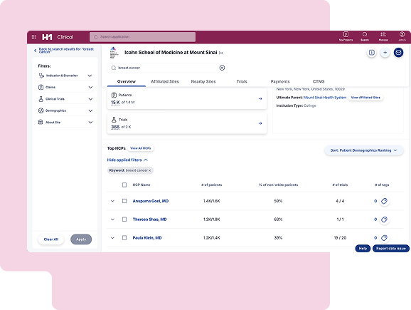 site universe product view of site and investigator profiles