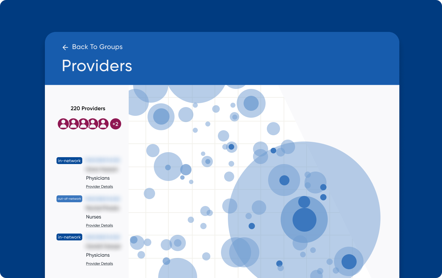 Example interface of a provider map with radial coverage areas