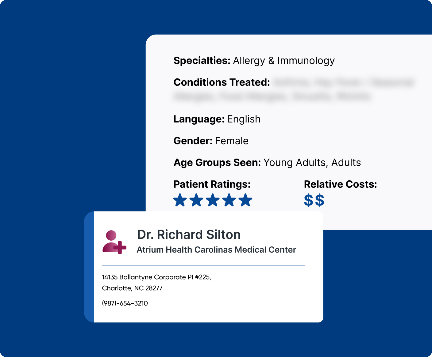 Example interface showing a doctor's information including specialties, languages, gender, ratings, cost, etc.