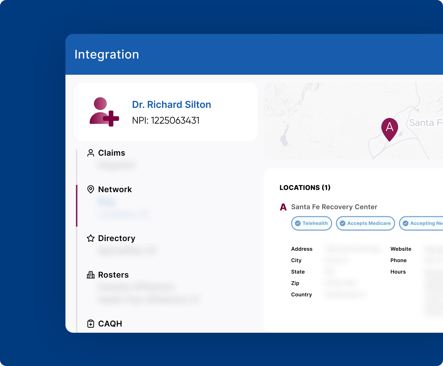 Example integration interface with a sample doctor's practice information