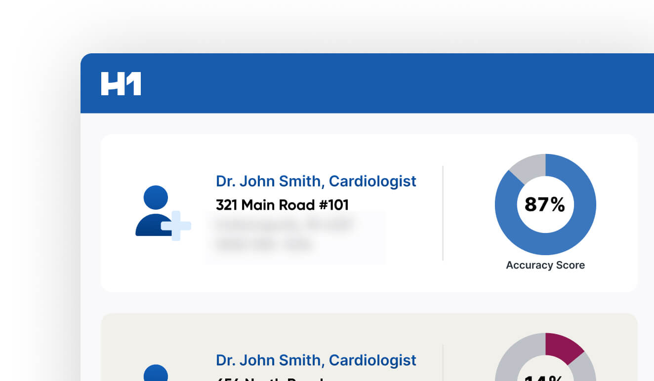 Example interface of a list of doctors with percentage pie charts showing their scores