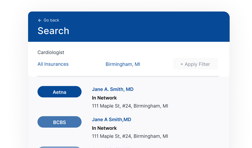 Example interface of a directory search with all the relevant provider information