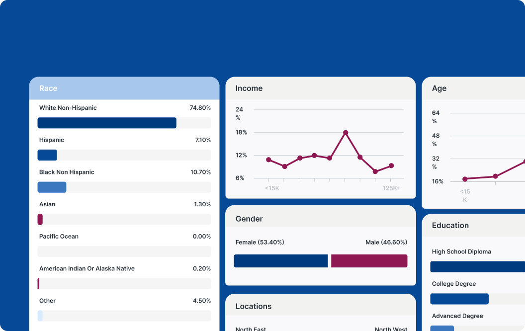 Example interface showing demographic data with charts and graphs