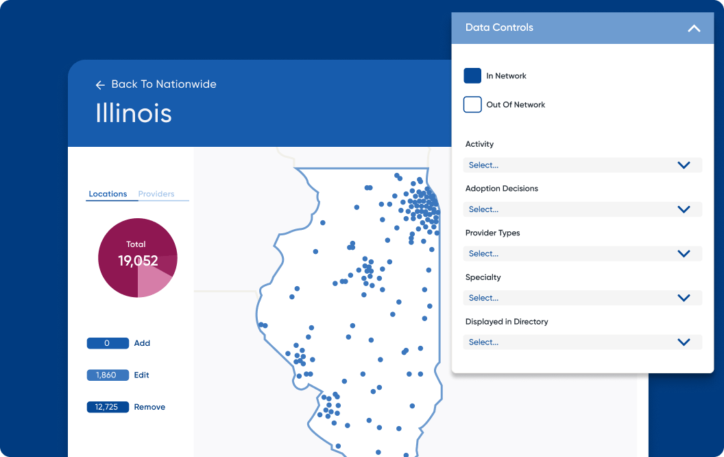 Example interface of a map of Illinois with dots showing provider areas and a pie chart of coverage
